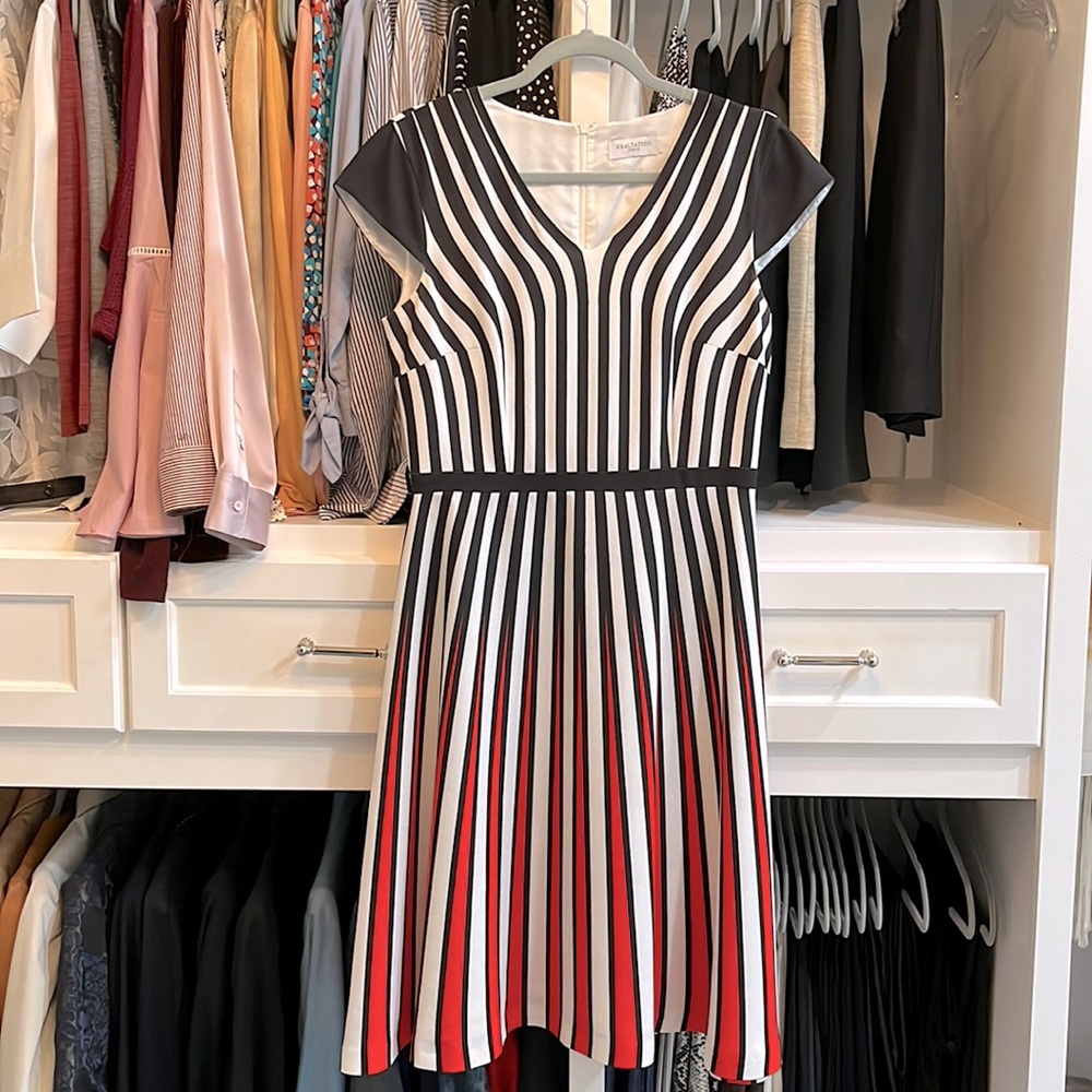 Exaltation Paris Midi Dress, Blk/White on Top, Red/Blk/White on Bottom, Size 8